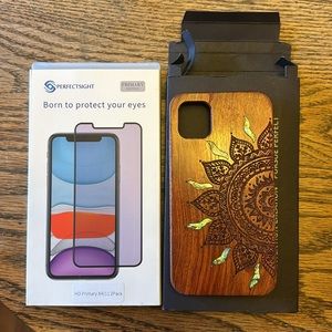 YFWOOD IPhone 11 case wooden lotus flower inlay & HD new eye screen protector